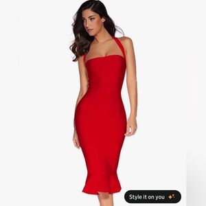 Meilun Red Halter Fishtail Bandage Midi Dress Size M New With Tags